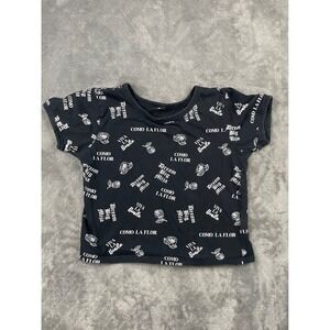 Y2K Baby Tee Crop Top Black‎ Graphic Print XS Fitted Short Sleeve Como La Flor
